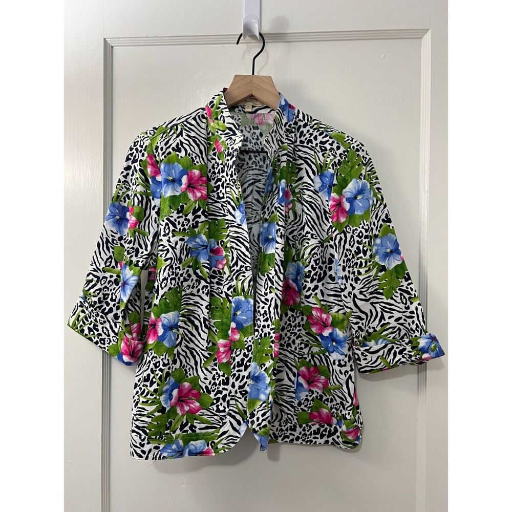 Choices Petite Linen Zebra Floral Print Blazer Jacket 3/4 Sleeve - Womens PL